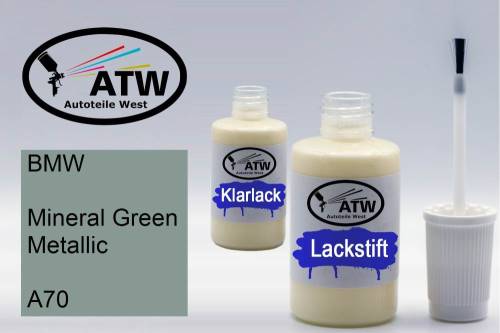 BMW, Mineral Green Metallic, A70: 20ml Lackstift + 20ml Klarlack - Set, von ATW Autoteile West.